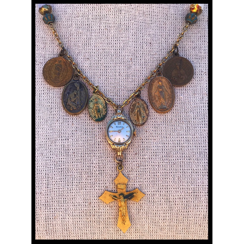 Upcycled Religious Medallion & Vintage Watch Charm Necklace Earring Set - Picture 3 of 5